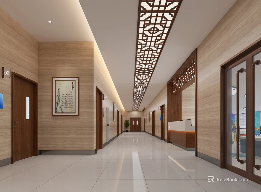 Modern Indoor Corridor With Chinese Lattice Ceiling Wooden Walls And Decorative Painting 3d model 