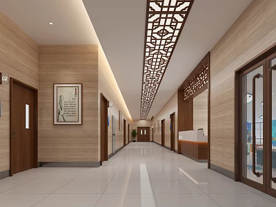 Modern Indoor Corridor With Chinese Lattice Ceiling Wooden Walls And Decorative Painting 3d model