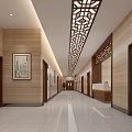 Modern Indoor Corridor With Chinese Lattice Ceiling Wooden Walls And Decorative Painting