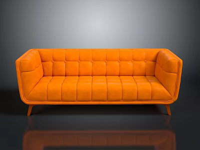 Vibrant Orange Modern Tufted Sofa With Square Stitching And Wooden Legs 3d model