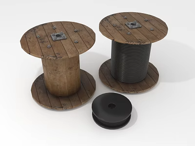 Two Wooden Cable Spools With Black Wire And Circular Cap Design 3d model