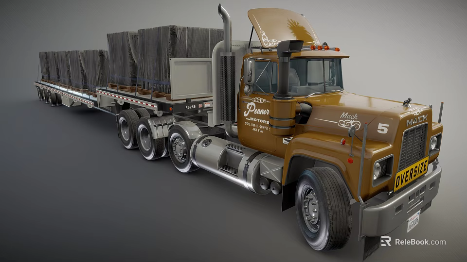 Brown Heavy Duty Truck For Cargo Transportation With Trailer 3d model 