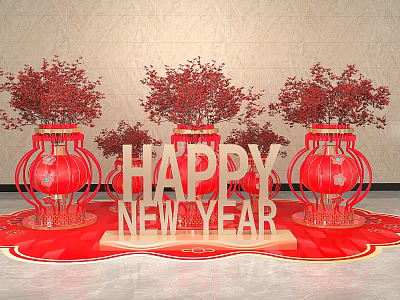 New Year Decoration Scene With Happy New Year Letters Red Lanterns And Red Floral Branches 3d model