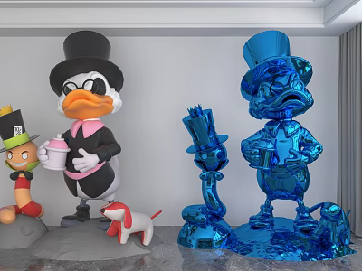 Cartoon Character Ornament Decoration Set With Hat Wearing Duck Shiny Blue Black Figurines And Puppy 3d model