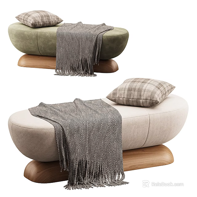 Modern Sofa Bench With Green Beige Fabric Upholstery Wooden Base Knitted Blanket And Pillow 3d model 