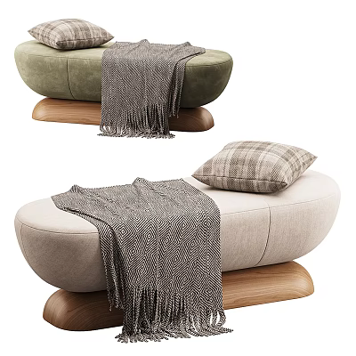 Modern Sofa Bench With Green Beige Fabric Upholstery Wooden Base Knitted Blanket And Pillow 3d model