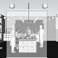 Modern Laboratory Interior Design With Workbench Shelves Reagent Bottles Lab Equipment And Researchers