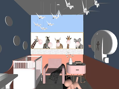 Other Bathroom Interior Design With Decorative Wall Animal Figurines And Pink Furniture 3d model