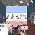 Other Bathroom Interior Design With Decorative Wall Animal Figurines And Pink Furniture