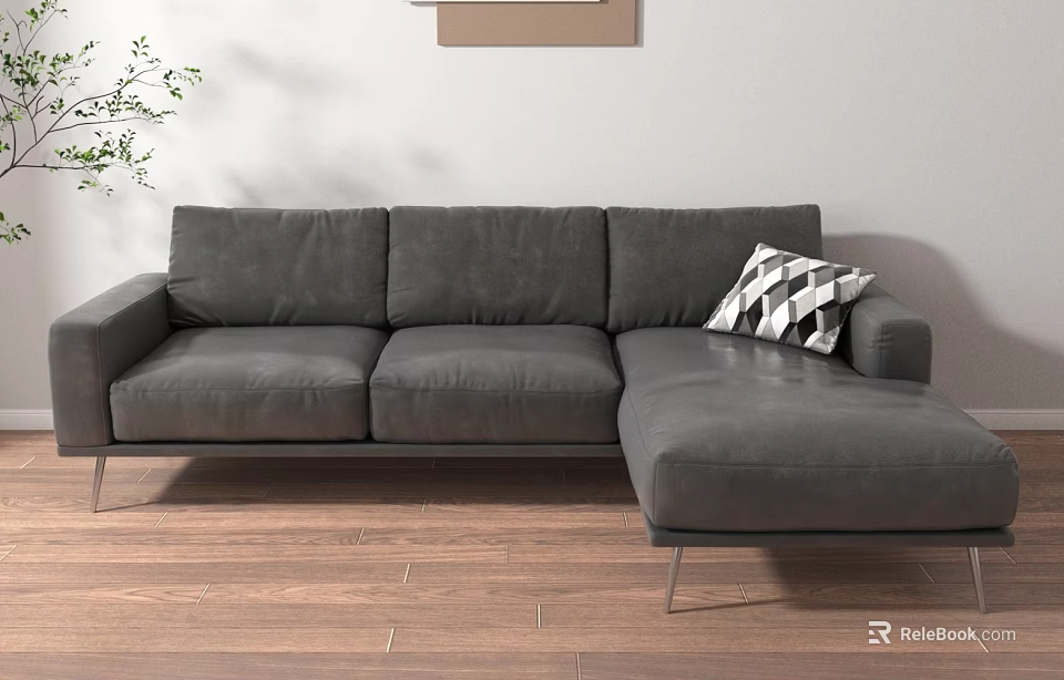Cozy Living Room With Gray Sofa Wooden Floor Black White Pillow Plant And Wall Art 3d model 