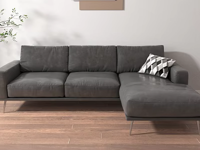 Cozy Living Room With Gray Sofa Wooden Floor Black White Pillow Plant And Wall Art 3d model