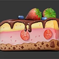 Delicious Cake Slice With Fresh Strawberry Blueberries Chocolate Drizzle Cream Layers And Cookie Crust