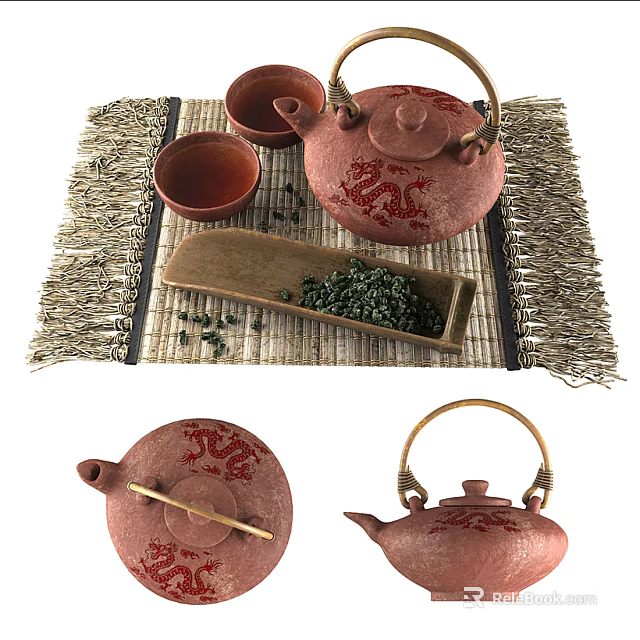 Traditional Tea Set With Dragon Pattern Teacups Wooden Box And Bamboo Mat 3d model 