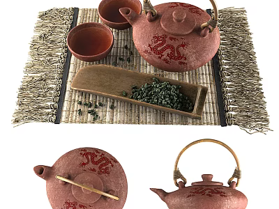 Traditional Tea Set With Dragon Pattern Teacups Wooden Box And Bamboo Mat 3d model
