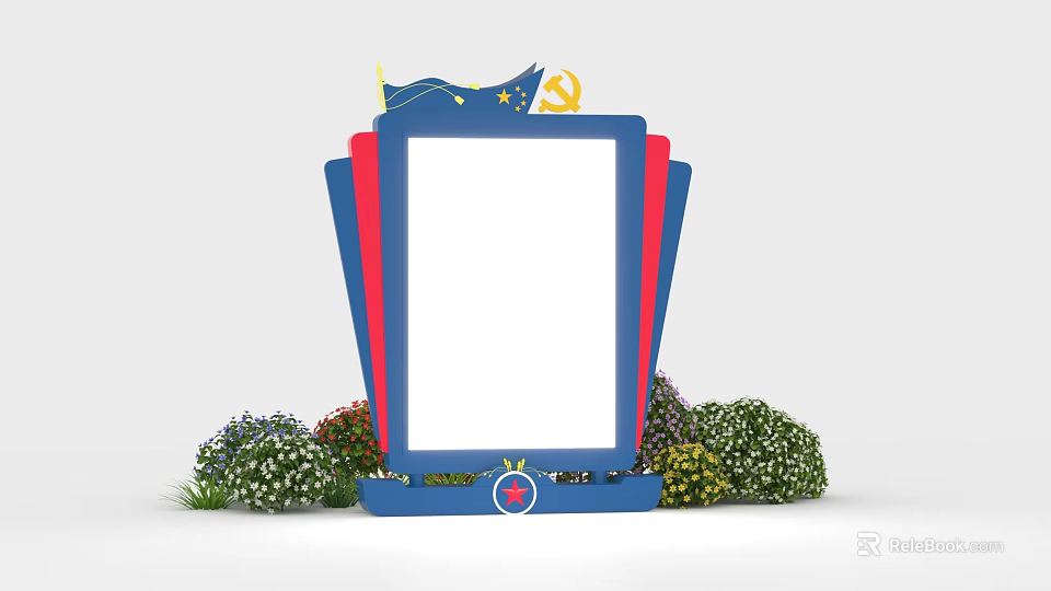 Billboard With Blue Frame Red Background Top Flags Stars Hammer Sickle And Bottom Green Bushes 3d model 
