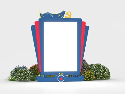 Billboard With Blue Frame Red Background Top Flags Stars Hammer Sickle And Bottom Green Bushes 3d model