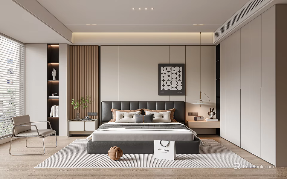 Modern Bedroom Interior With Plush Bed Pillows Bedside Tables Decorative Wall Art And Soft Rug 3d model 
