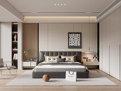 Modern Bedroom Interior With Plush Bed Pillows Bedside Tables Decorative Wall Art And Soft Rug 3d model
