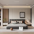 Modern Bedroom Interior With Plush Bed Pillows Bedside Tables Decorative Wall Art And Soft Rug