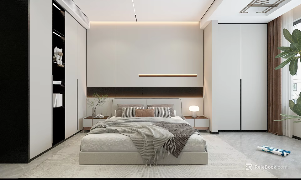 Modern Minimalist Bedroom Interior Design With Bed Blanket Nightstands White Walls And Warm Lighting 3d model 