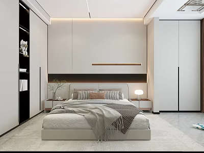 Modern Minimalist Bedroom Interior Design With Bed Blanket Nightstands White Walls And Warm Lighting 3d model