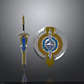 Fantasy Weapon Set Featuring Decorative Sword And Shield With Blue Gold Ornamental Design