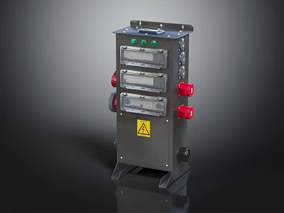 Industrial Control Equipment With Black Enclosure Transparent Windows Red Knobs And Yellow Warning Sign 3d model