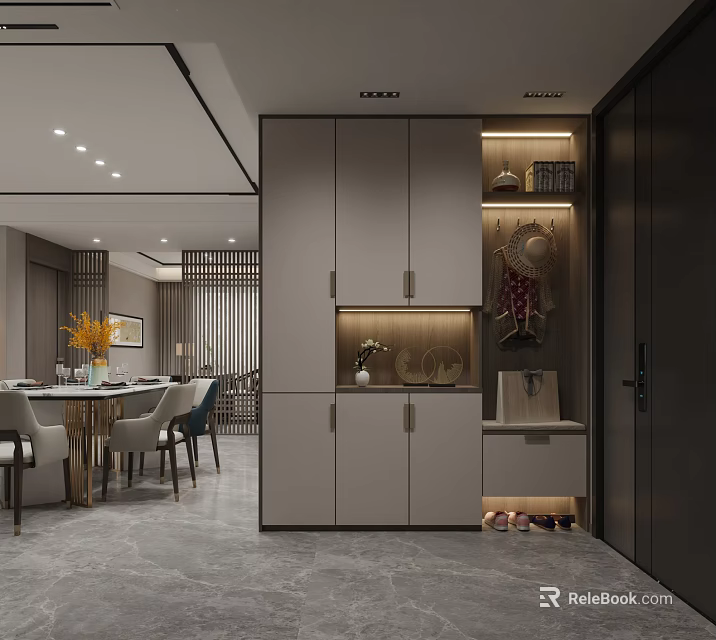 Elegant Modern Dining and Living Room Interior with Dining Table Sofa and Decorative Lighting 3d model