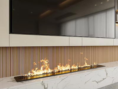 Modern Fireplace With Burning Flames And Marble Base In Contemporary Living Interior 3d model
