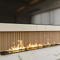 Modern Fireplace With Burning Flames And Marble Base In Contemporary Living Interior