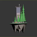 Fairy Tale Small House On Floating Island With Pointed Roof Green Pines And Decorative Steps