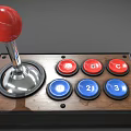 Retro Game Controllers with Red Joysticks Wooden Base and Colored Buttons 3d model