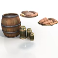 Rustic Wooden Barrel Display With Metal Jars And Fresh Bread Loaves