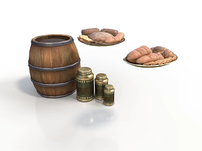 Rustic Wooden Barrel Display With Metal Jars And Fresh Bread Loaves 3d model