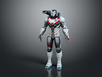 Game Movie Robot Character With White Gray Mechanical Armor Red Blue Accents And Back Weapon 3d model