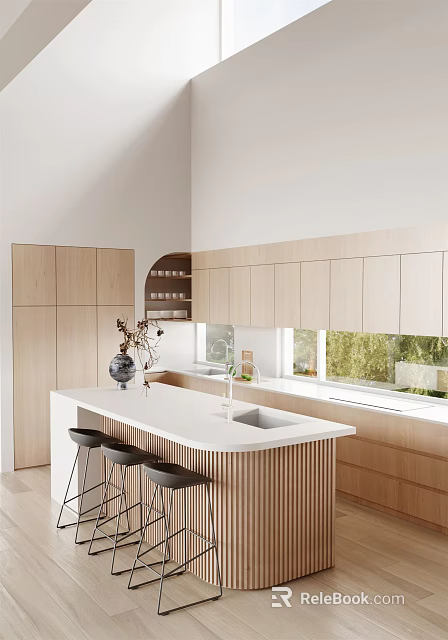 Modern Restaurant Kitchen With Wooden Cabinets White Island Counter And Windows 3d model 