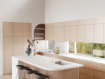Modern Restaurant Kitchen With Wooden Cabinets White Island Counter And Windows 3d model