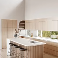 Modern Restaurant Kitchen With Wooden Cabinets White Island Counter And Windows