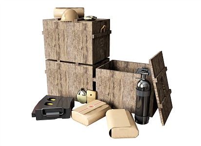 Modern Military Supplies Ornaments Combination Wooden Box Kettle Medical Kit Military Supplies 3d model