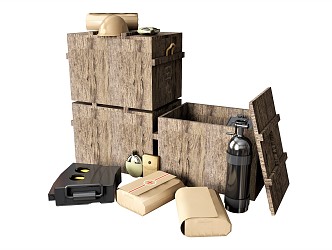 Modern Military Supplies Ornaments Combination Wooden Box Kettle Medical Kit Military Supplies 3d model