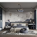 Kids Room With Dark Blue Walls Airplane Hot Air Balloon Mountain Decor Bed Desk Chair