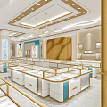 Elegant Jewelry Store Exterior Featuring Golden Lattice Glass Display Windows And Stone Walls
