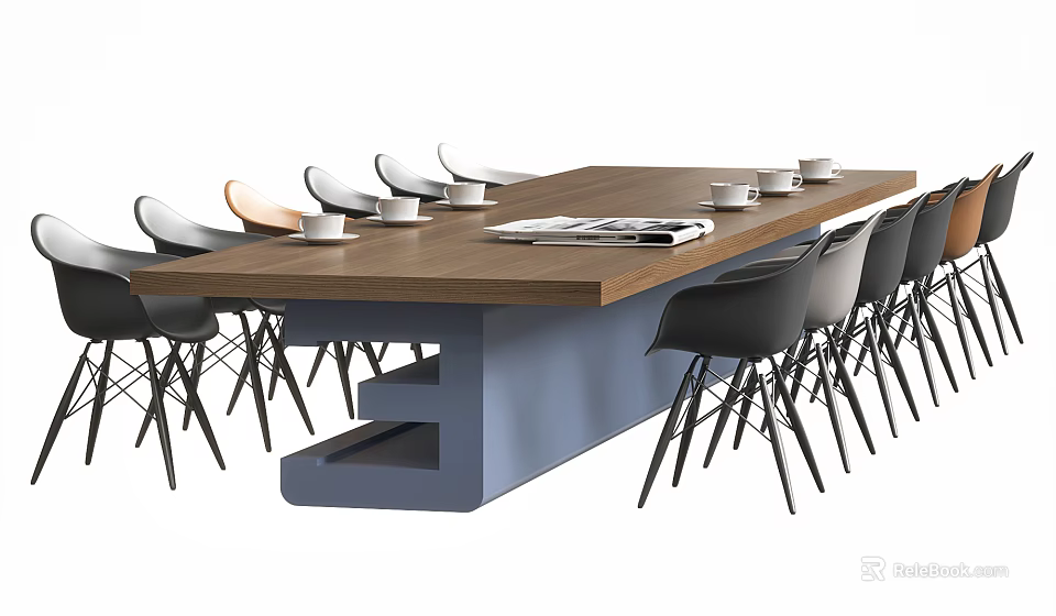 Modern Conference Table With Wooden Top And Blue Legs Office Chairs Coffee Cups And Magazine 3d model 