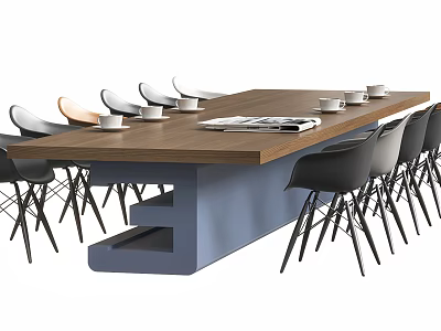 Modern Conference Table With Wooden Top And Blue Legs Office Chairs Coffee Cups And Magazine 3d model