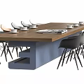 Modern Conference Table With Wooden Top And Blue Legs Office Chairs Coffee Cups And Magazine
