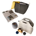 Carved Sculpture Art Pieces Showcasing Handcrafted Bags Container And Wooden Elements