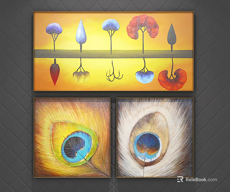 Vibrant Abstract Framed Wall Art With Yellow Background And Peacock Feather Paintings 3d model 