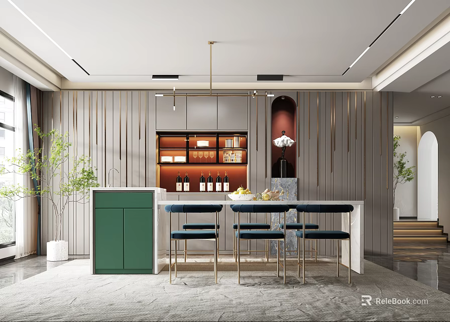 Elegant Modern Restaurant Interior With Open Kitchen Wine Cabinet And Bar Counter 3d model