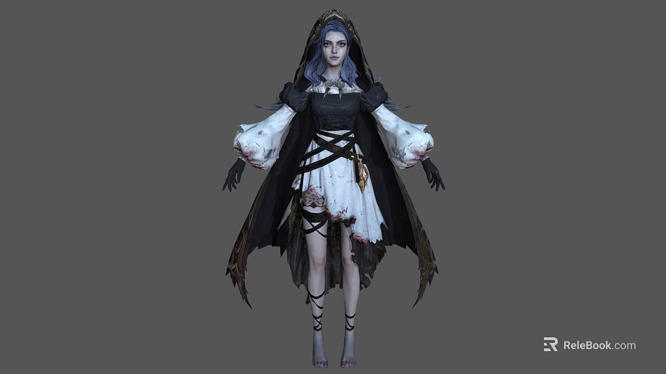 Woman With Dark Blue Hair In Hooded Black Cloak White Dress Puffy Sleeves Gothic Style 3d model 