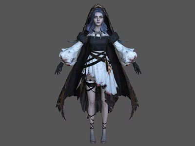 Woman With Dark Blue Hair In Hooded Black Cloak White Dress Puffy Sleeves Gothic Style 3d model